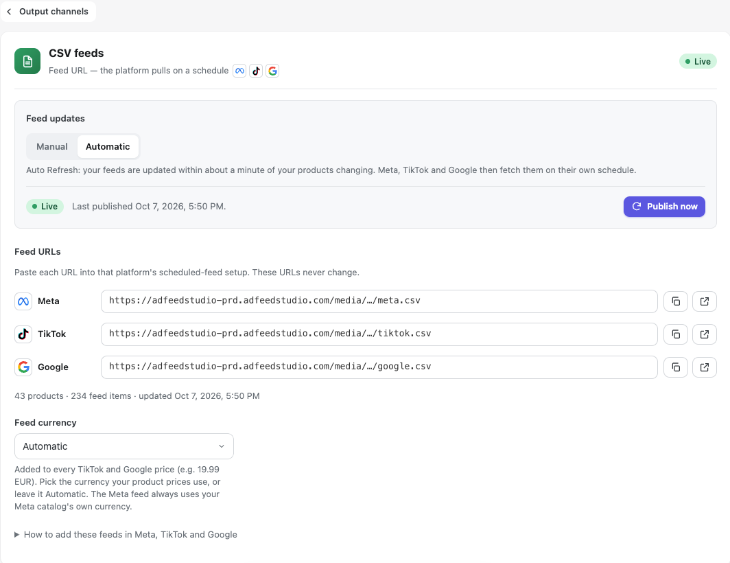 CSV feeds: feed URLs for Meta, TikTok and Google