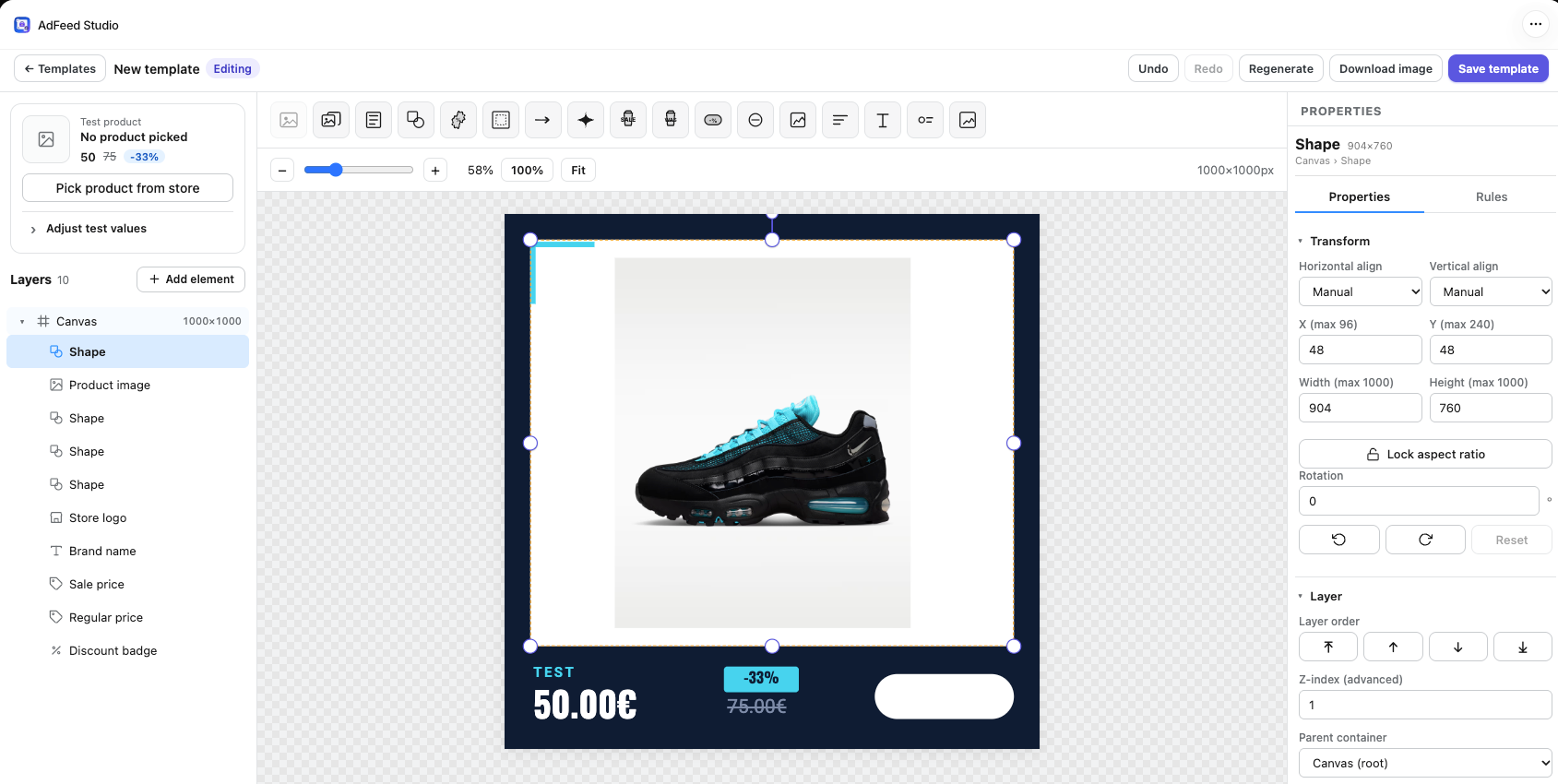 The AdFeedStudio template editor with a live product preview
