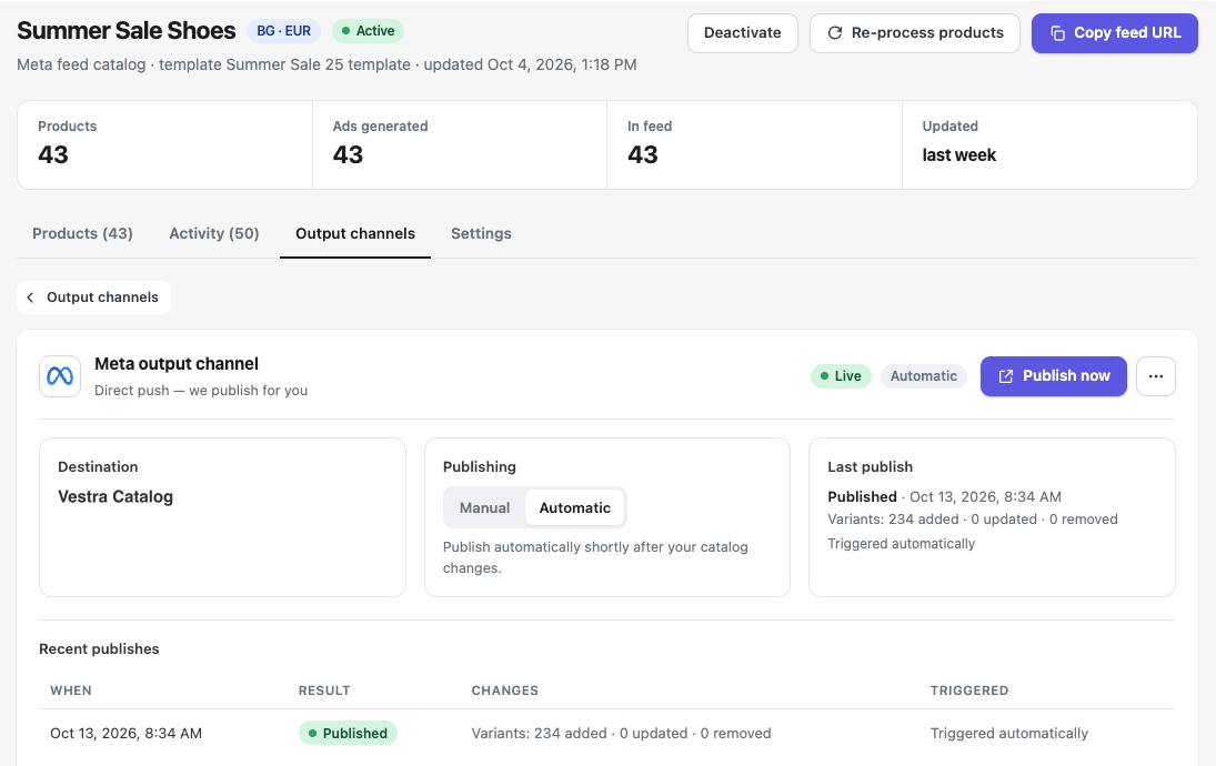 Meta direct push: the app publishes straight to a Meta catalog