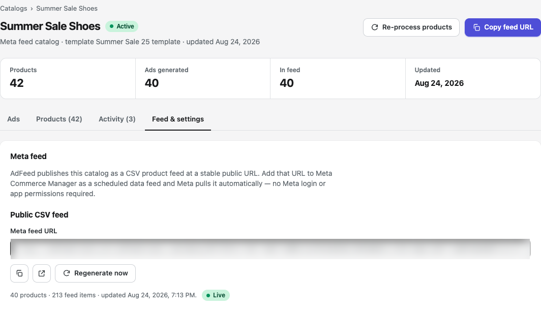 Feed & settings: public CSV feed URL, refresh automation and the Live indicator