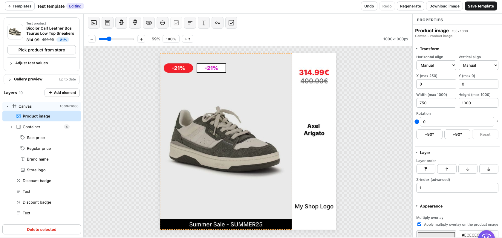 Template editor with a live preview rendered from a real product
