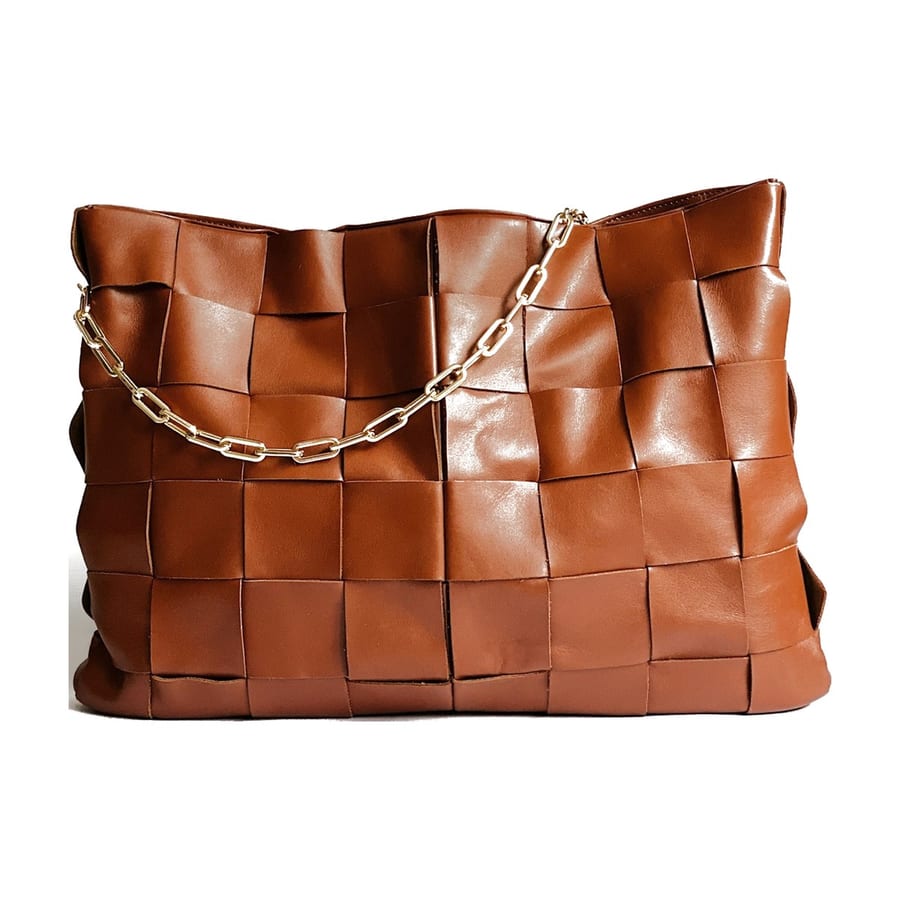 Plain product photo: Woven leather tote with chain strap