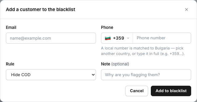 Add a customer to the blacklist: email, phone, rule and note