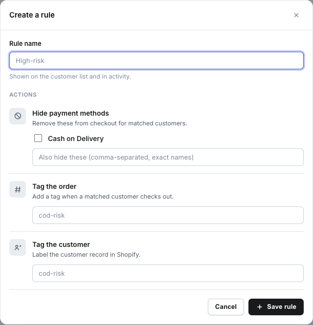 Create a rule: hide payment methods, tag the order, tag the customer